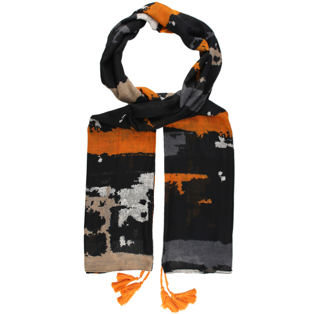 شال طرح آبرنگی نارنجی مشکی کد 53001