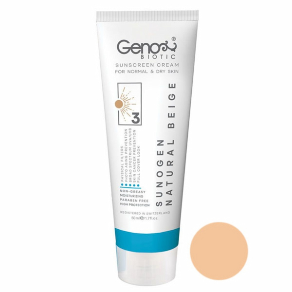 کرم ضد آفتاب رنگی پوست های خشک و معمولی SPF50 ژنوبایوتیک 50gr 